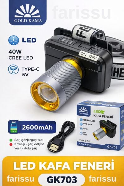 GK703 LED Kafa Lambası | 4000 Lümen | 40W Cree LED | Type-C Şarjlı | 3 Mod | Zoomlu