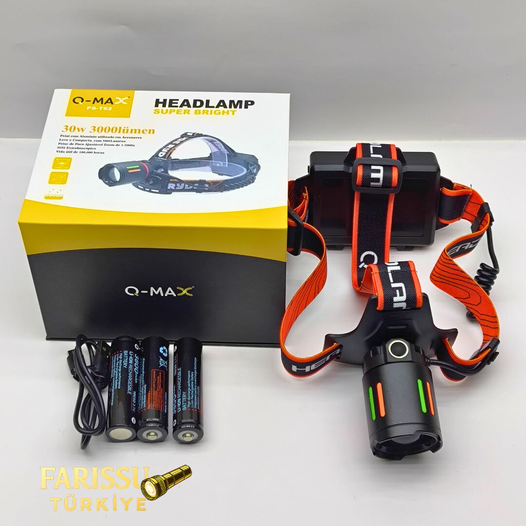 Q-MAX PS-T62 3000 Lümen Kafa Lambası – 3×18650 Pil Dahil 11400 mAh – Powerbank Özellikli
