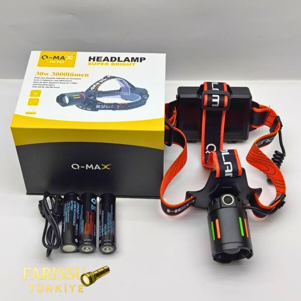 Q-MAX PS-T62 3000 Lümen Kafa Lambası – 3×18650 Pil Dahil 11400 mAh – Powerbank Özellikli