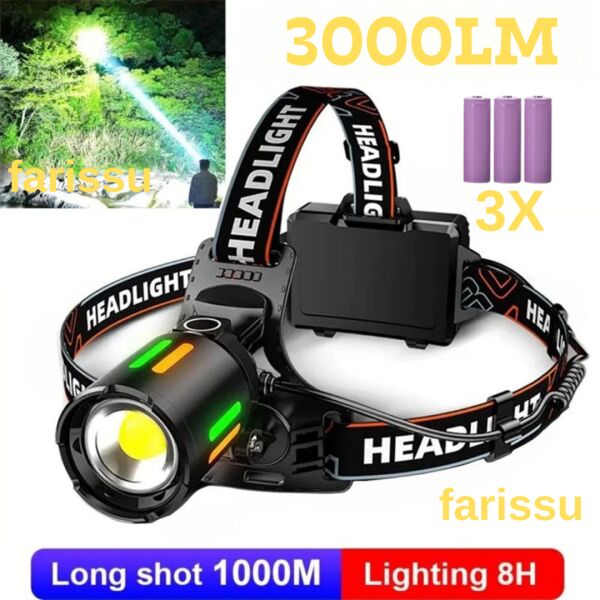 Q-MAX PS-T62 3000 Lümen Kafa Lambası – 3×18650 Pil Dahil 11400 mAh – Powerbank Özellikli