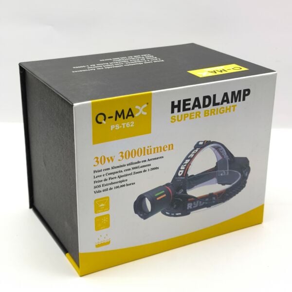 Q-MAX PS-T62 3000 Lümen Kafa Lambası – 3×18650 Pil Dahil 11400 mAh – Powerbank Özellikli
