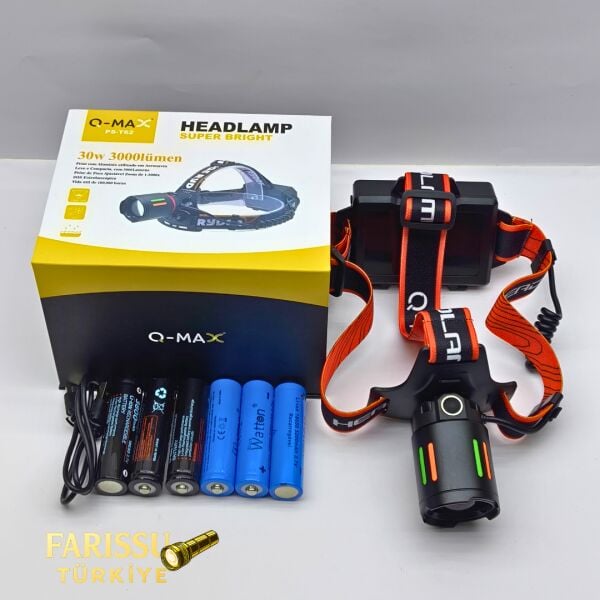 Q-MAX PS-T62 3000 Lümen Kafa Lambası – 3 Adet 18650 Yedek Pilli – Powerbank Özellikli