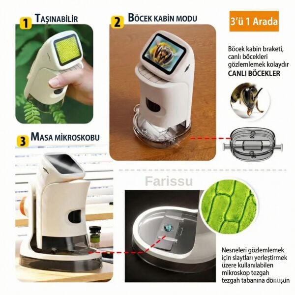 LCD Ekranlı Taşınabilir Dijital Mikroskop Seti – 3’ü 1 Arada (El Tipi + Masaüstü + Canlı Böcek Kabini)