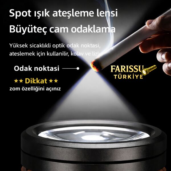 15000 Lümen 150W Ateş Yakabilen Zoomlu El Feneri 15600 mAh Güçlü Işık 15 Saat Çalışma