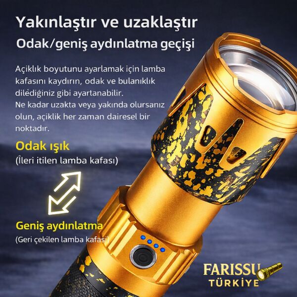 15000 Lümen 150W Ateş Yakabilen Zoomlu El Feneri 15600 mAh Güçlü Işık 15 Saat Çalışma