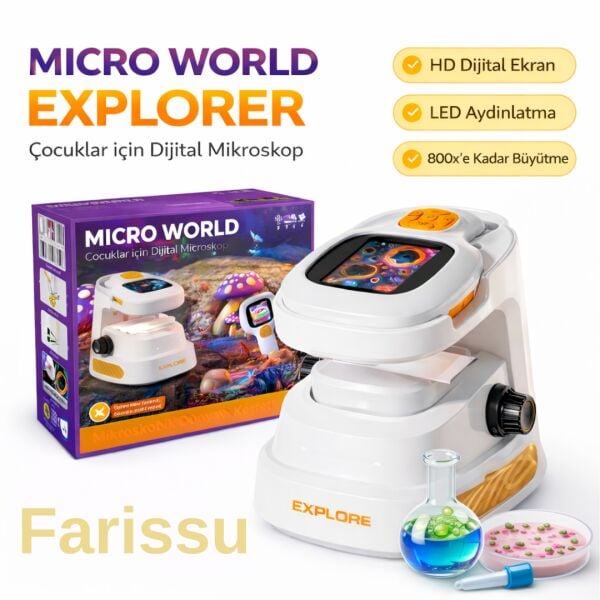 Çocuklar İçin Dijital Mikroskop 1000X | HD Ekranlı, LED Işıklı, Type-C Şarjlı Eğitim Seti