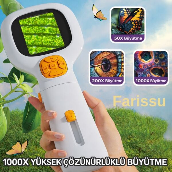 Çocuklar İçin Dijital Mikroskop 1000X | HD Ekranlı, LED Işıklı, Type-C Şarjlı Eğitim Seti