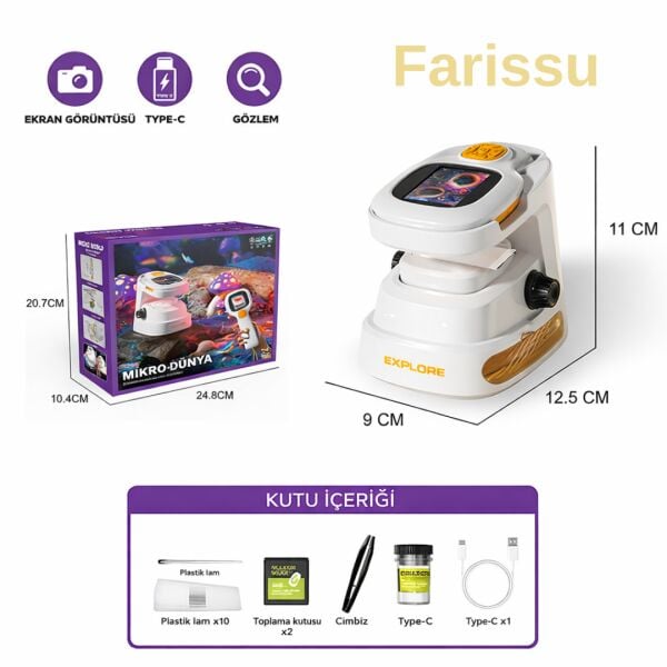 Çocuklar İçin Dijital Mikroskop 1000X | HD Ekranlı, LED Işıklı, Type-C Şarjlı Eğitim Seti