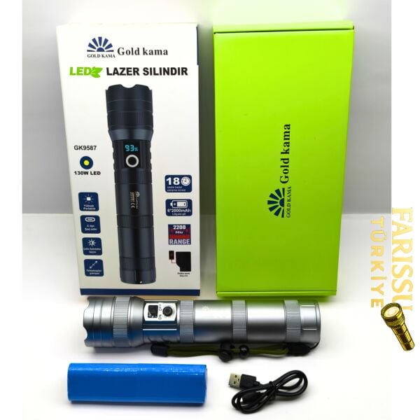 GK9587 LED Lazer Silindir El Feneri 13000 Lümen Type-C Şarjlı