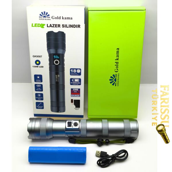 GK9587 LED Lazer Silindir El Feneri 13000 Lümen Type-C Şarjlı