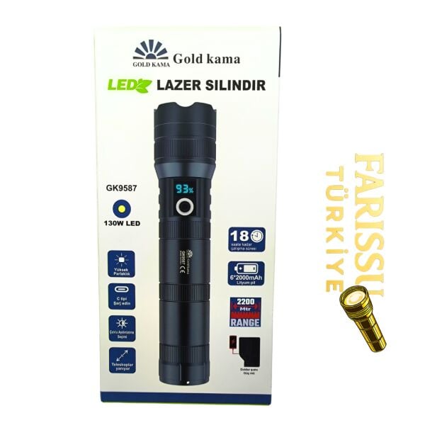 GK9587 LED Lazer Silindir El Feneri 13000 Lümen Type-C Şarjlı