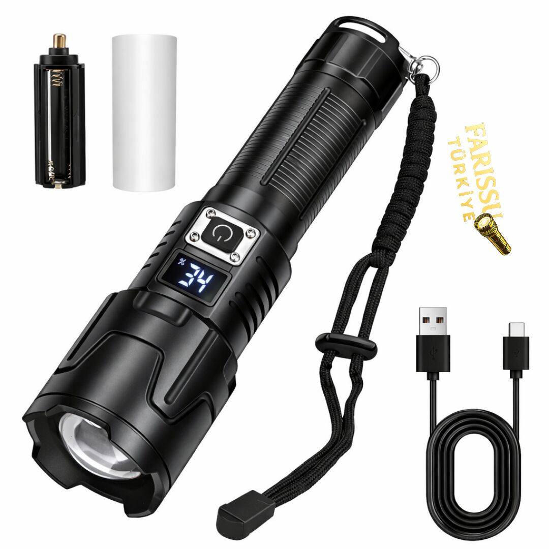 Dijital Göstergeli Zoomlu Şarjlı El Feneri 35W 4500 Lümen 26650 Pil 5000 mAh