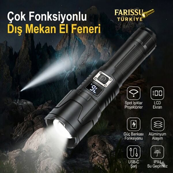 Dijital Göstergeli Zoomlu Şarjlı El Feneri 35W 4500 Lümen 26650 Pil 5000 mAh