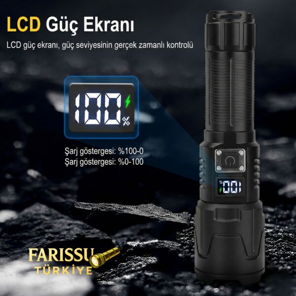 Dijital Göstergeli Zoomlu Şarjlı El Feneri 35W 4500 Lümen 26650 Pil 5000 mAh