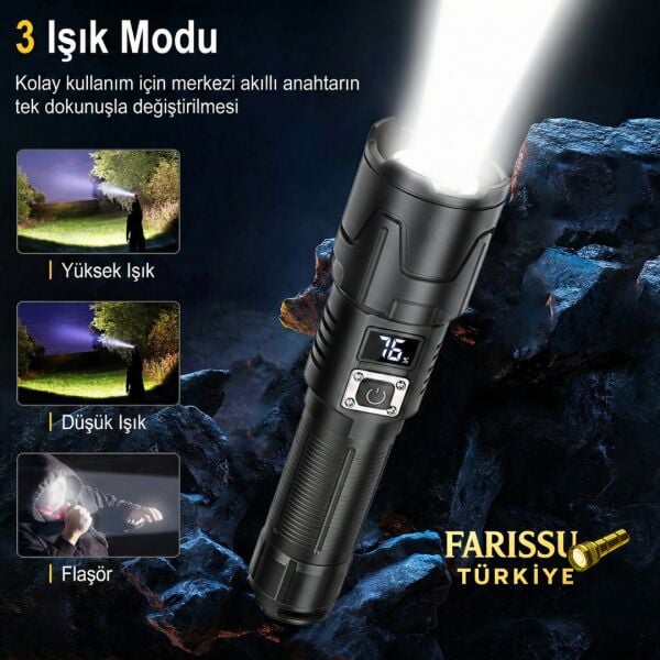 Dijital Göstergeli Zoomlu Şarjlı El Feneri 35W 4500 Lümen 26650 Pil 5000 mAh