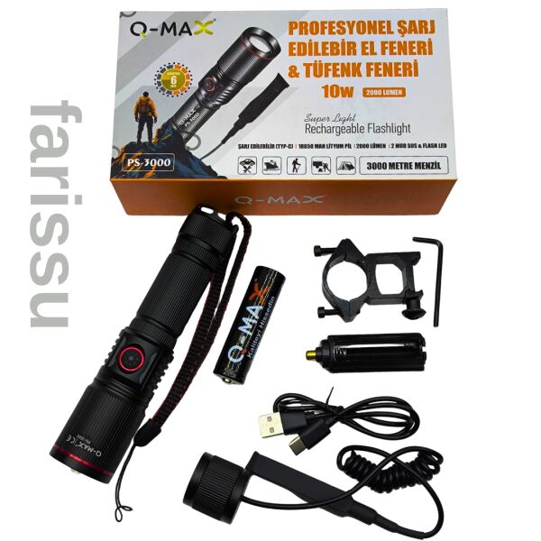 Q-Max PS-3000 Şarj Edilebilir Zoomlu Tüfek Feneri 18650 Pil 2000 Lümen