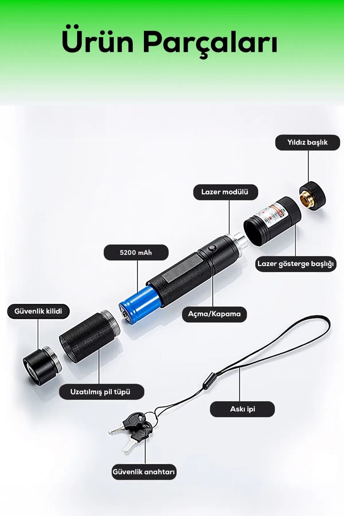 10 KM Menzilli Şarj Edilebilir Yeşil Lazer Pointer Seti - 5200mAh Çift Bataryalı & Güvenlik Kilidi