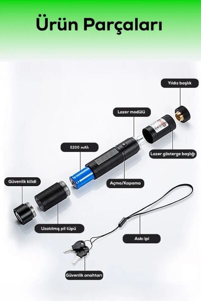 10 KM Menzilli Şarj Edilebilir Yeşil Lazer Pointer Seti - 5200mAh Çift Bataryalı & Güvenlik Kilidi