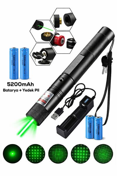 10 KM Menzilli Şarj Edilebilir Yeşil Lazer Pointer Seti - 5200mAh Çift Bataryalı & Güvenlik Kilidi