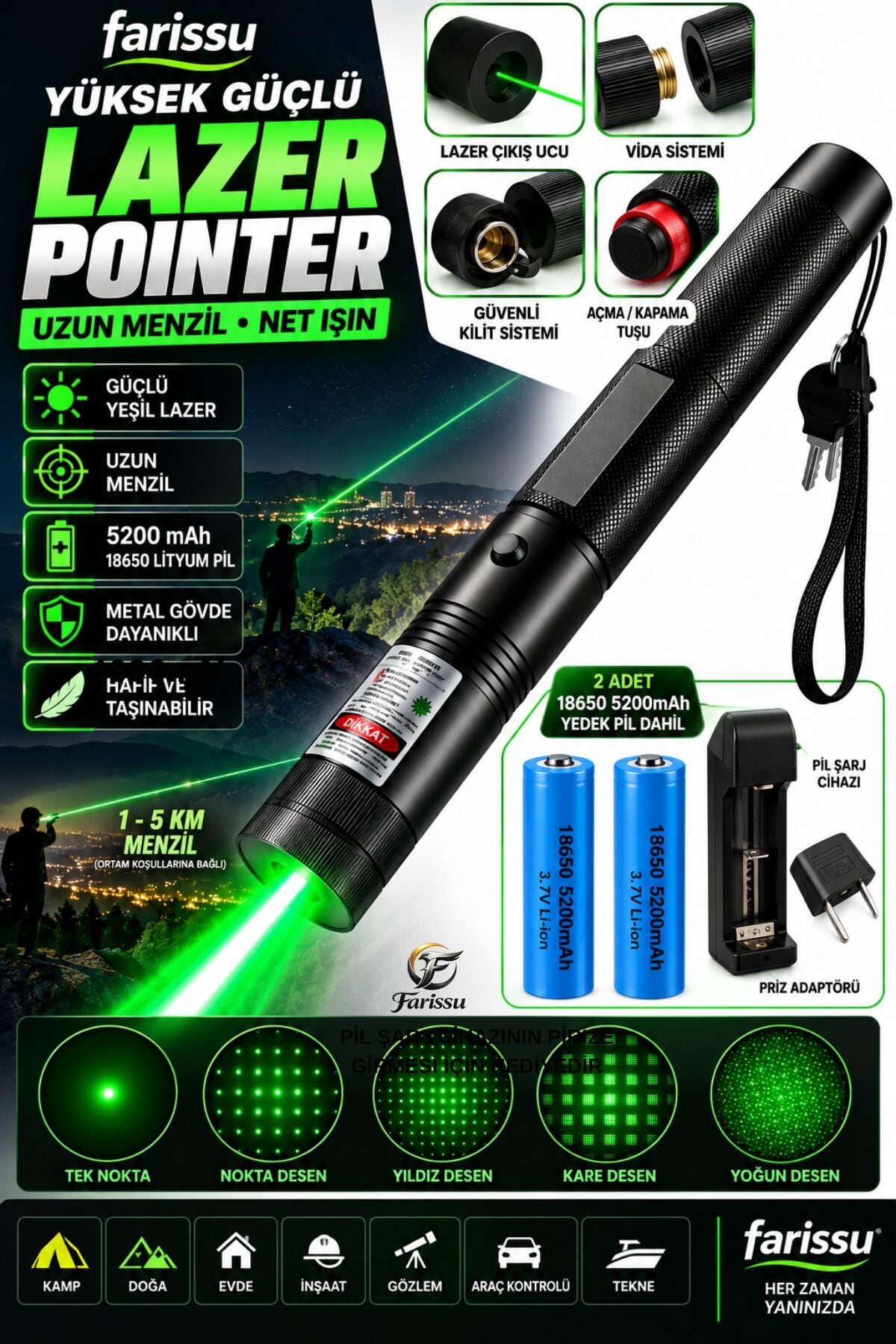 10 KM Menzilli Şarj Edilebilir Yeşil Lazer Pointer Seti - 5200mAh Çift Bataryalı & Güvenlik Kilidi