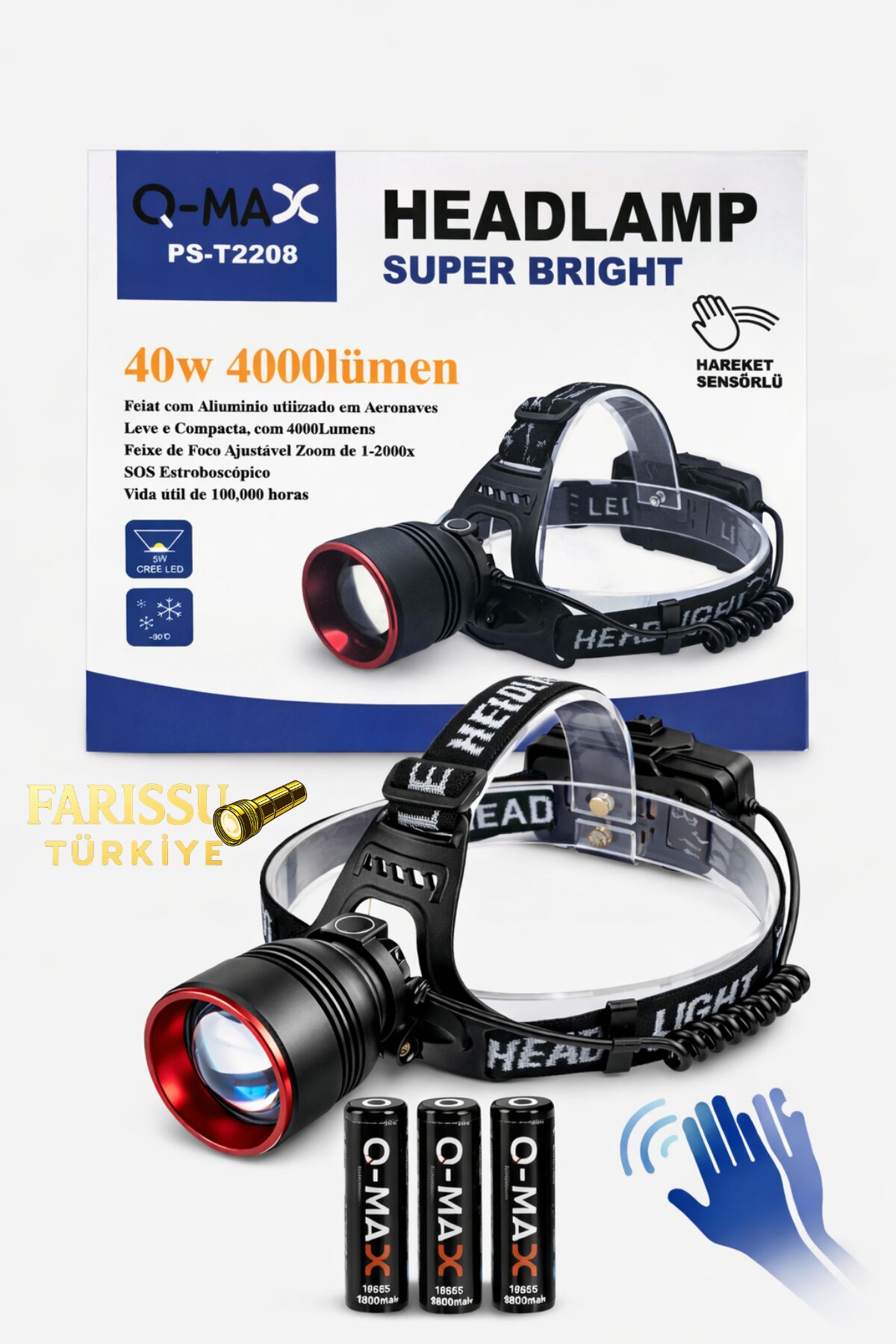 Süper Parlak 4000 Lümen Sensörlü Kafa Lambası - 40W Zoomlu Profesyonel Aydınlatma