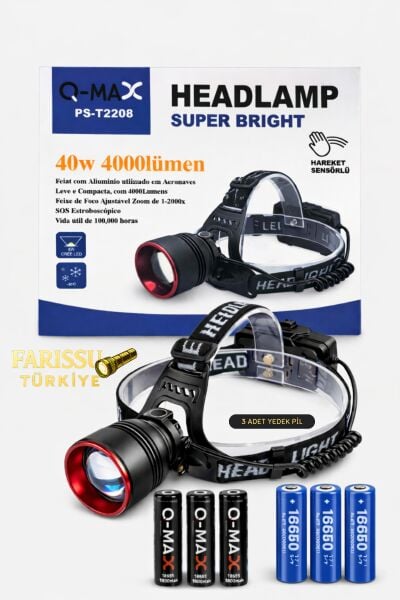 40W 4000 Lümen Sensörlü Kafa Lambası + 3 ADET YEDEK PİLLİ MEGA PAKET (Toplam 6 Pil)