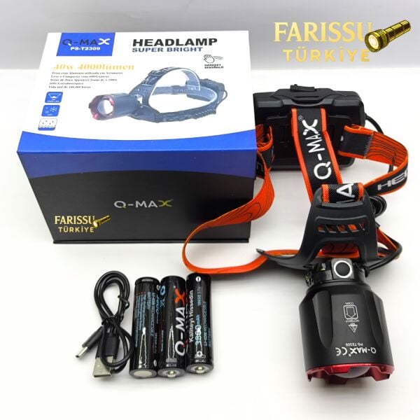 PS-T2309 Ultra Güçlü 40W 4000 Lümen Hareket Sensörlü Zoomlu Kafa Lambası + 3 Adet 18650 Pil