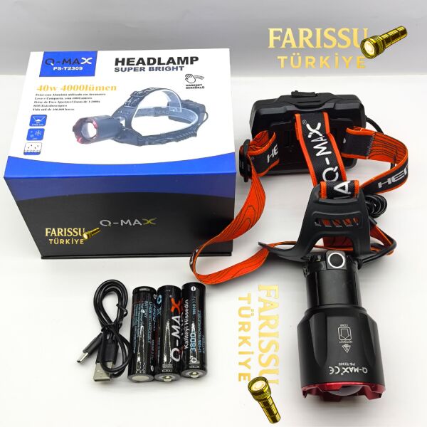 PS-T2309 Ultra Güçlü 40W 4000 Lümen Hareket Sensörlü Zoomlu Kafa Lambası + 3 Adet 18650 Pil