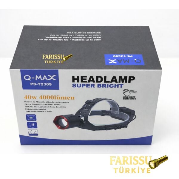 PS-T2309 Ultra Güçlü 40W 4000 Lümen Hareket Sensörlü Zoomlu Kafa Lambası + 3 Adet 18650 Pil
