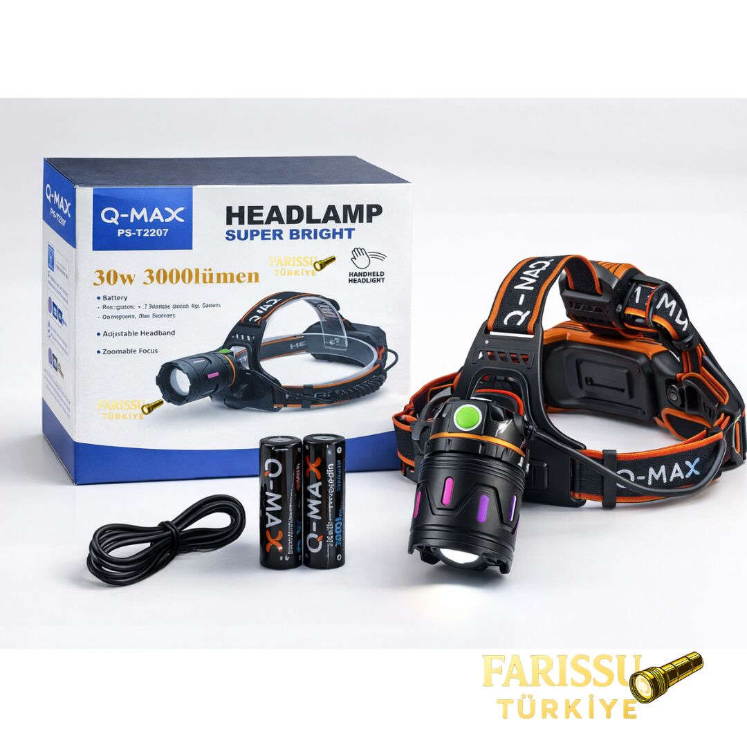 30W 3000 Lümen Zoomlu Şarjlı Kafa Lambası – Type-C Girişli, Arka Emniyet Ledli Av ve Kamp Feneri