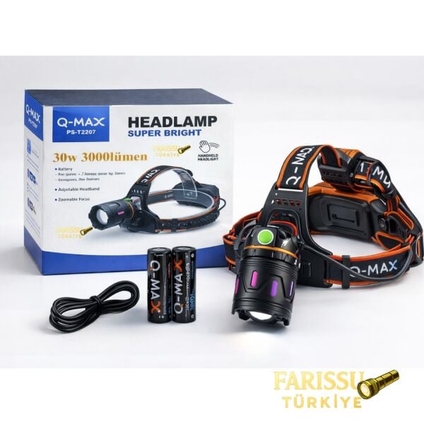 30W 3000 Lümen Zoomlu Şarjlı Kafa Lambası – Type-C Girişli, Arka Emniyet Ledli Av ve Kamp Feneri