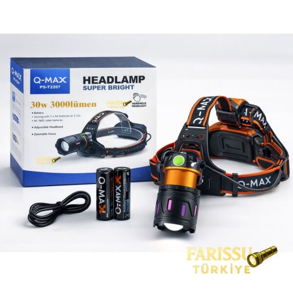 30W 3000 Lümen Zoomlu Şarjlı Kafa Lambası – Type-C Girişli, Arka Emniyet Ledli Av ve Kamp Feneri