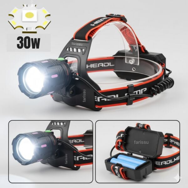 30W 3000 Lümen Zoomlu Şarjlı Kafa Lambası – Type-C Girişli, Arka Emniyet Ledli Av ve Kamp Feneri