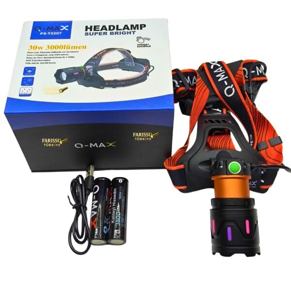 30W 3000 Lümen Zoomlu Şarjlı Kafa Lambası – Type-C Girişli, Arka Emniyet Ledli Av ve Kamp Feneri