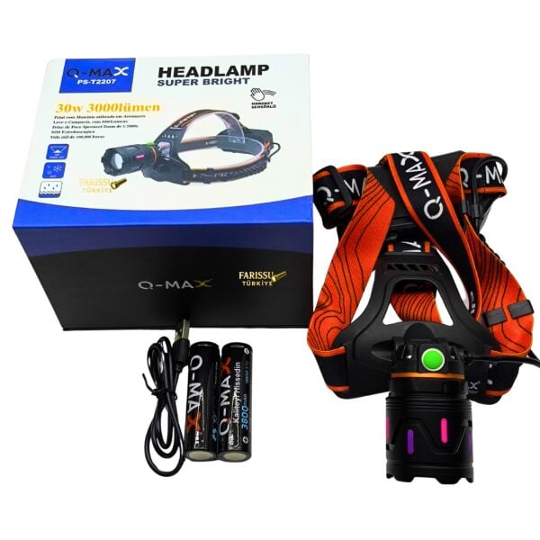 30W 3000 Lümen Zoomlu Şarjlı Kafa Lambası – Type-C Girişli, Arka Emniyet Ledli Av ve Kamp Feneri