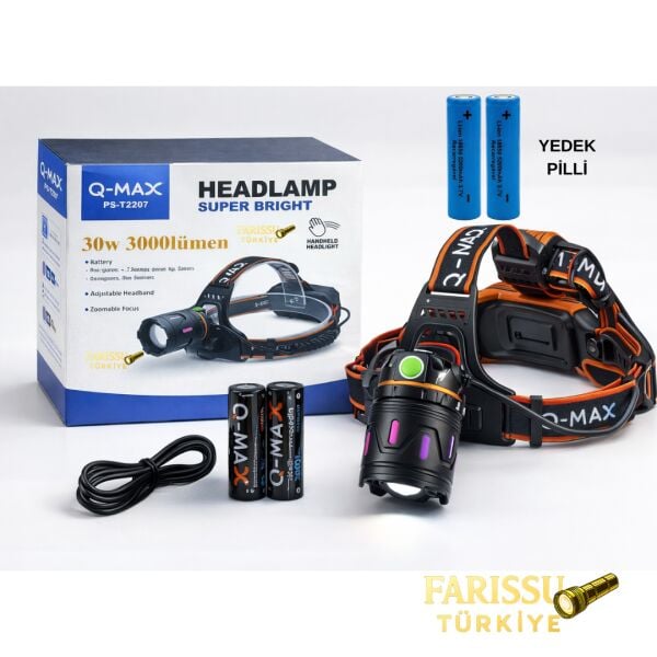 30W 3000 Lümen Şarjlı Kafa Lambası + 4 ADET PİL - Kesintisiz Güç, Zoomlu, Type-C Girişli