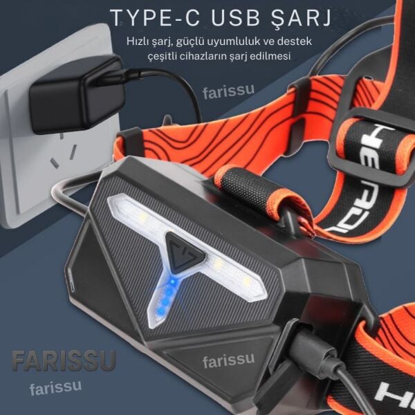 30W 3000 Lümen Şarjlı Kafa Lambası + 4 ADET PİL - Kesintisiz Güç, Zoomlu, Type-C Girişli