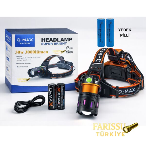 30W 3000 Lümen Şarjlı Kafa Lambası + 4 ADET PİL - Kesintisiz Güç, Zoomlu, Type-C Girişli