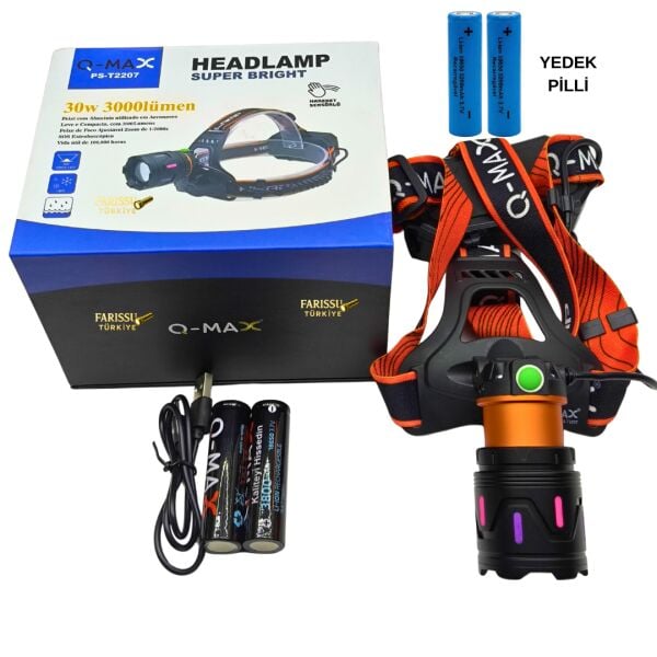30W 3000 Lümen Şarjlı Kafa Lambası + 4 ADET PİL - Kesintisiz Güç, Zoomlu, Type-C Girişli