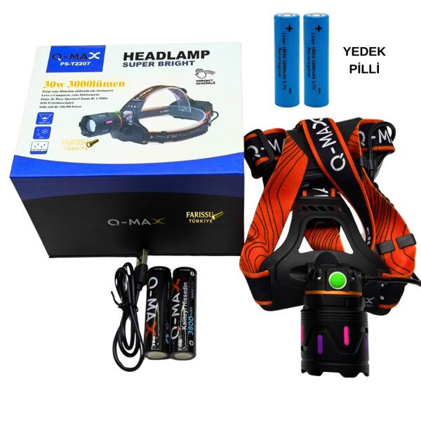 30W 3000 Lümen Şarjlı Kafa Lambası + 4 ADET PİL - Kesintisiz Güç, Zoomlu, Type-C Girişli