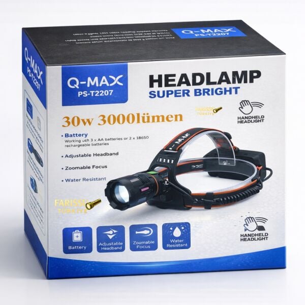 30W 3000 Lümen Şarjlı Kafa Lambası + 4 ADET PİL - Kesintisiz Güç, Zoomlu, Type-C Girişli
