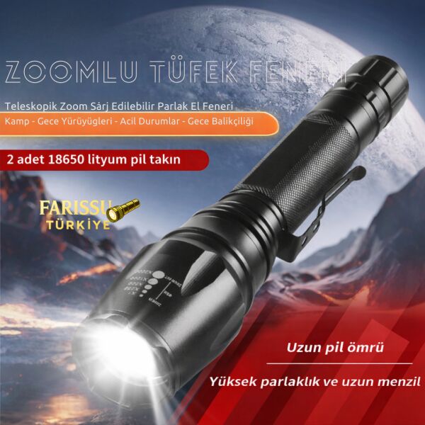 Profesyonel 20W 3000 Lümen Zoomlu Şarj Edilebilir El ve Tüfek Feneri Seti - 3000 Metre Menzilli