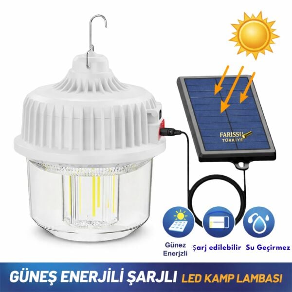 120W Güneş Enerjili Şarjlı LED Kamp Lambası - 4 Farklı Işık Modu, Su Geçirmez, 2400 mAh Çift Pilli