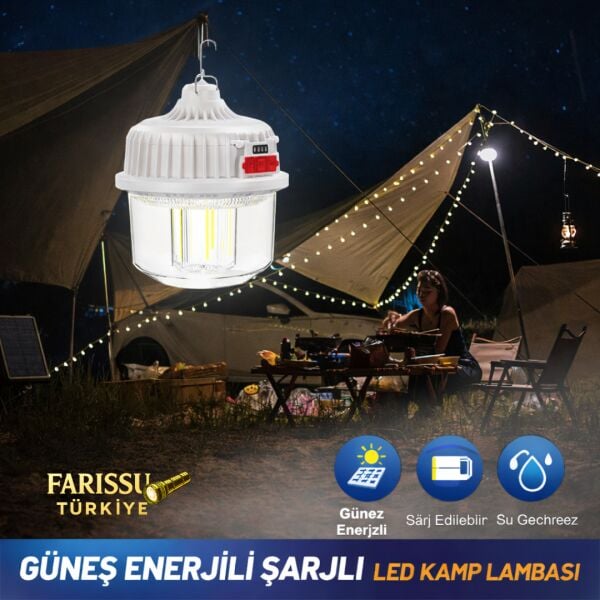 120W Güneş Enerjili Şarjlı LED Kamp Lambası - 4 Farklı Işık Modu, Su Geçirmez, 2400 mAh Çift Pilli