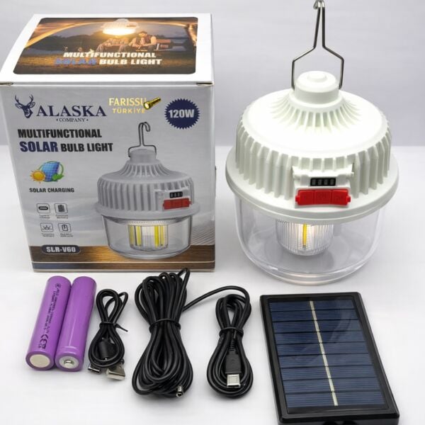 120W Güneş Enerjili Şarjlı LED Kamp Lambası - 4 Farklı Işık Modu, Su Geçirmez, 2400 mAh Çift Pilli