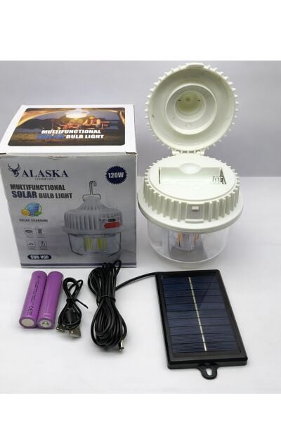 120W Güneş Enerjili Şarjlı LED Kamp Lambası - 4 Farklı Işık Modu, Su Geçirmez, 2400 mAh Çift Pilli