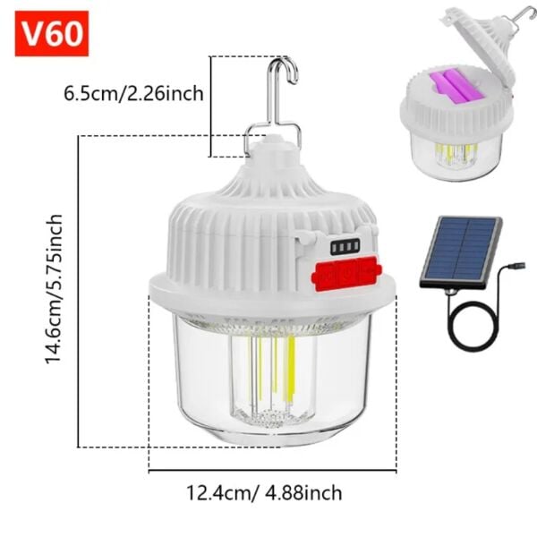 120W Güneş Enerjili Şarjlı LED Kamp Lambası - 4 Farklı Işık Modu, Su Geçirmez, 2400 mAh Çift Pilli