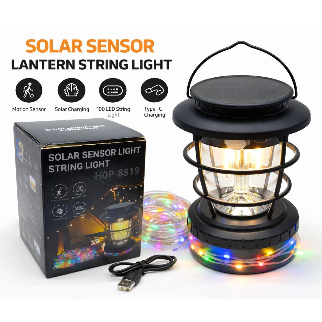 Solar Hareket Sensörlü Fener ve 10 Metre Renkli LED Işık Zinciri - HOP-8819