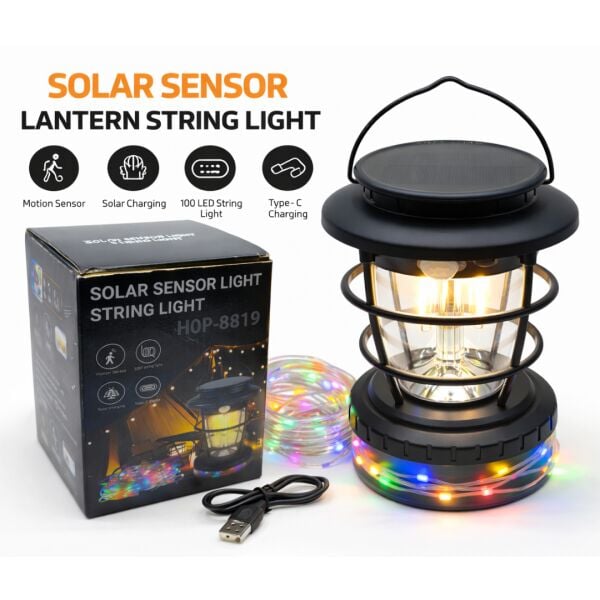 Solar Hareket Sensörlü Fener ve 10 Metre Renkli LED Işık Zinciri - HOP-8819
